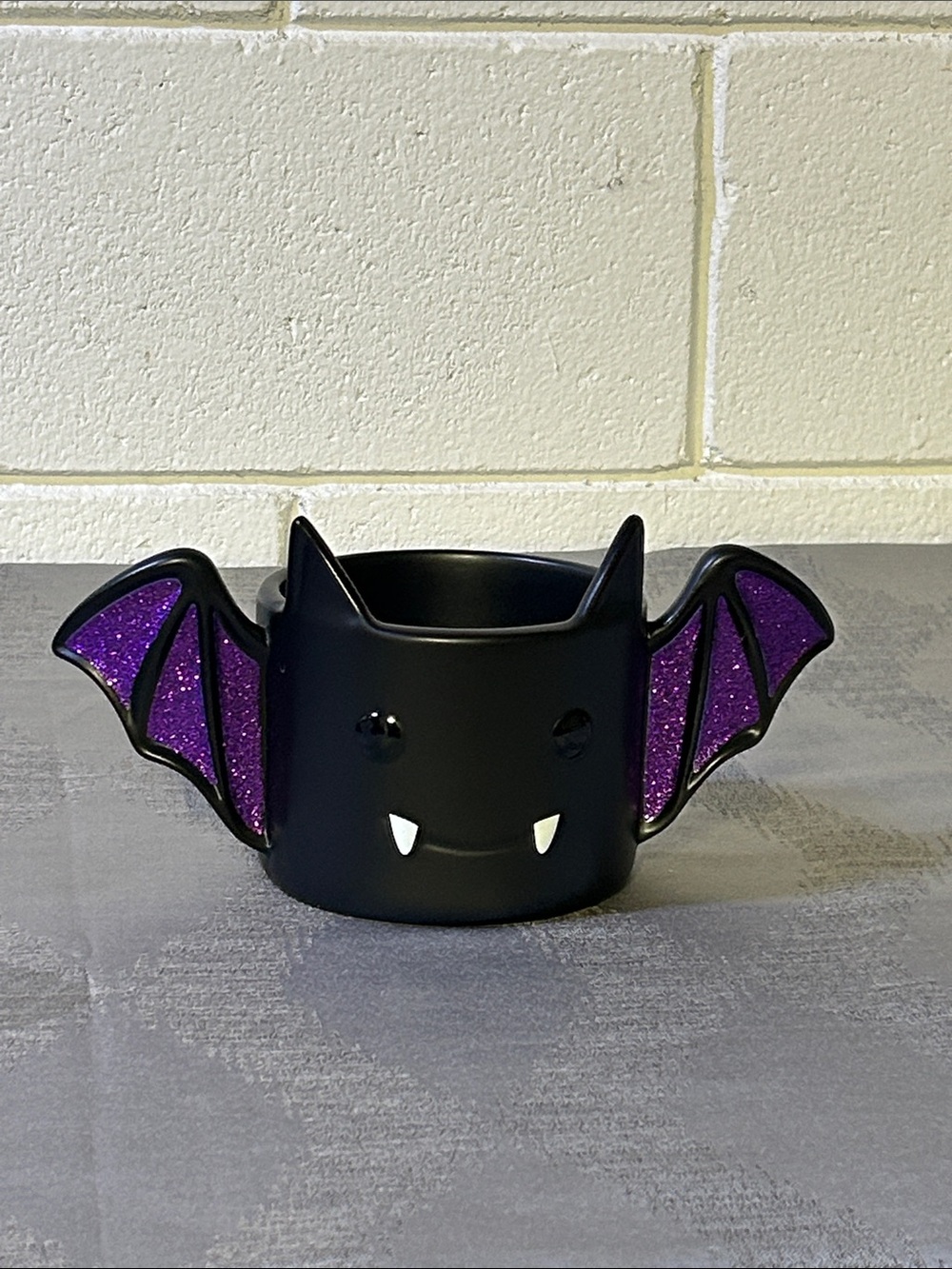 Black Bat Candle Holder with Purple Glitter Wings - Halloween Accent